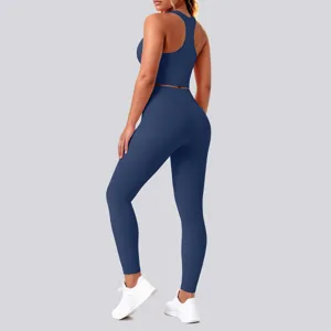 Solid blue naked feeling backless yoga set, seamless fitness activewear two-piece outfit.