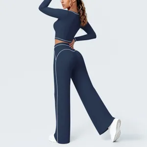 Dunkelblaue Kontrastpaspel Langarm Crop Top und weites Bein Yoga Anzug Fitness Set
