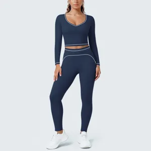 Navy blue long sleeve yoga set crop top and leggings with white piping athletic activewear