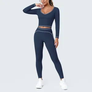 Women seamless long sleeve crop top and high waist leggings yoga set workout athletic activewear