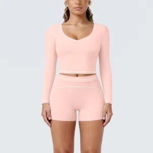 Pink long sleeve crop top shorts yoga set fitness activewear workout two piece outfit