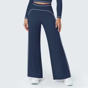 High waist wide leg navy yoga pants with contrast white piping detail for active sportswear.