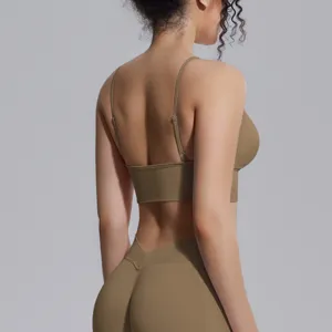 Back view detail of khaki seamless sports bra and high waist yoga leggings set for fitness.