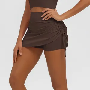 Brown ruched athletic skort detail, high-elastic breathable yoga shorts for women fitness.