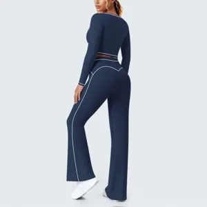 Damen Dunkelblau Langarm Crop Top Schlag Yoga Hose Set Für Fitness Sportswear Outfit