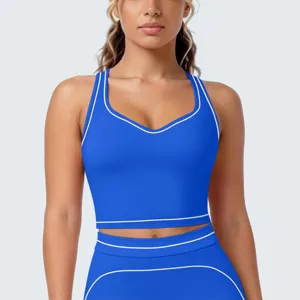 Blauwe contrast sportbeha en legging set, ademende yoga fitnesskleding voor vrouwen.