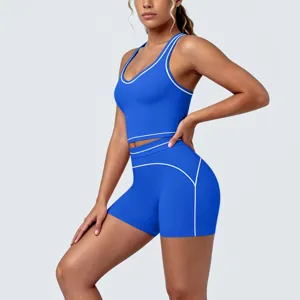 Detailed view of the vibrant blue activewear set showcasing stylish white contrast piping.