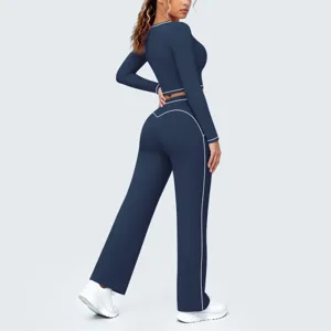 Damen Kontrast Biese Langarm Crop Top und weites Bein Yoga Set Sport Fitness Outfit