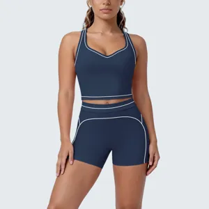 Women two piece yoga set contrast piping fitness workout activewear athletic gym shorts bra