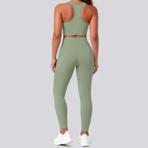 Solid green activewear set, sports bra and high waist leggings for yoga and fitness.