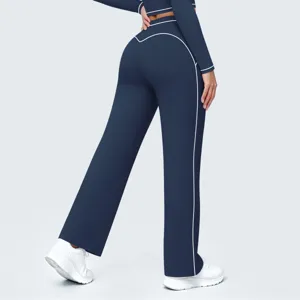Detail view of high waist contrast piping wide leg yoga pants, casual fitness sports wear.
