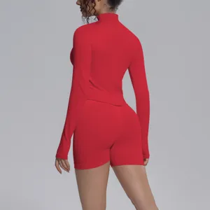 Seamless solid color tight high elasticity yoga sports long sleeve top shorts set for fitness