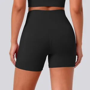 Back detail of high-waisted black yoga shorts, soft elastic breathable fabric for fitness.