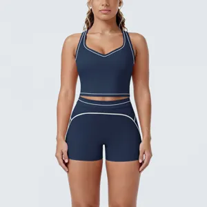 Contrast piping yoga set detail view, athletic ribbed workout crop top and shorts activewear.