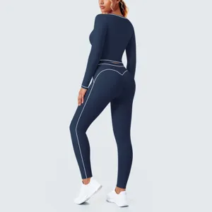 Back view details of women contrast piping long sleeve crop top and yoga leggings set.