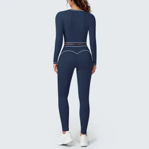 Dark blue contrast piping long sleeve crop top and tight leggings yoga gym workout set
