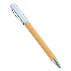 Eco-friendly bamboo ballpoint pen with smooth twist mechanism and sleek silver metal trim.