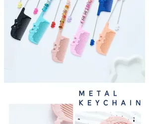 Colorful plastic comb keychain with cute bows and beads, portable mini pocket hair comb accessory.