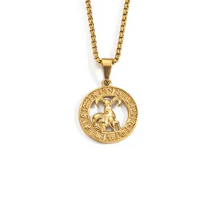 Goldener Widder Sternzeichen Anhänger Halskette Titanstahl rund Retro Kette für Frauen
