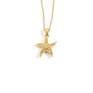 Goldfarbene Kristall Seestern Anhänger Halskette für Damen, eleganter Sommerschmuck.
