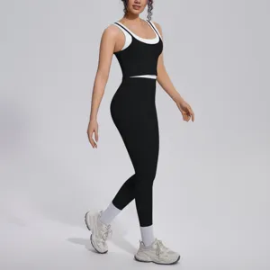 Colorblocked ribbed yoga set with tank top and high waist leggings for fitness and sports training.