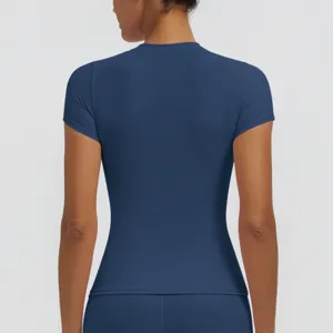 Back view detail of a dark blue slim-fit short sleeve sports top for workout and yoga.