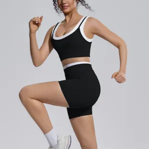 Detail view of the stylish contrast sports bra and biker shorts activewear fitness set.