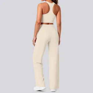 Damen zweiteiliges Yoga Set Rückenfrei Crop Top Weites Bein Gym Fitness Sportbekleidung