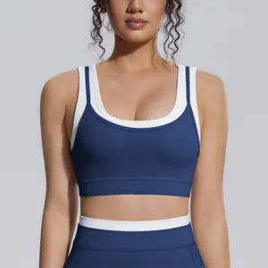 Femme faux deux pièces soutien-gorge de sport côtelé bloc de couleur yoga fitness top