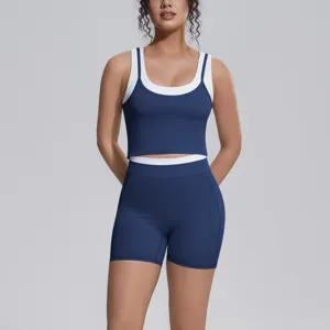 Color block yoga set two-piece workout crop top and fitness shorts for women running gym.