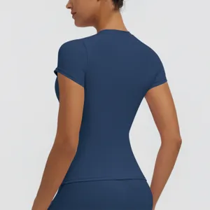 Women's solid dark blue short sleeve sports fitness yoga top, slim fit back view detail.