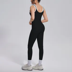 Women Contrast Stitch Activewear Jumpsuit Breathable Stretchy Yoga Fitness Gym Outfit