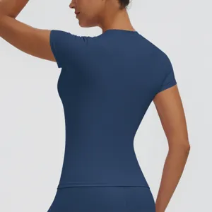 Women's blue quick-dry short sleeve yoga top slim fit fitness athletic shirt for sports