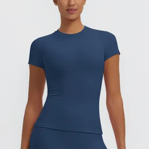Detail view of women slim-fit quick-dry short sleeve sports t-shirt in dark blue color.