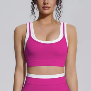Femme faux ensemble soutien-gorge de sport et pantalon de yoga côtelé couleur contrastée fitness