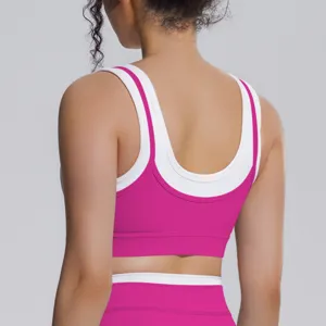 Détail du dos de soutien-gorge de sport double couche couleur contrastée fitness yoga.