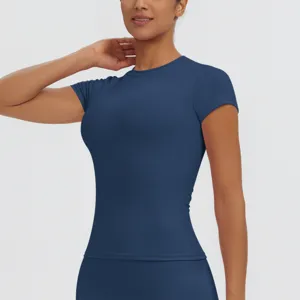 Women's slim fit short sleeve sports t-shirt for yoga, running, and fitness workouts.