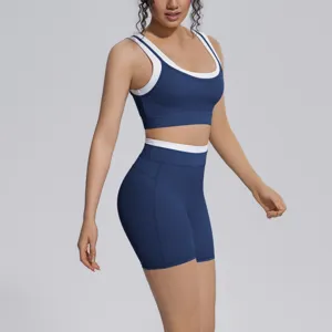Color-block athletic yoga set women two piece activewear sports bra and high waist shorts
