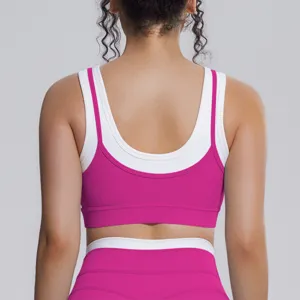 Détails soutien-gorge de sport faux deux pièces rose et blanc côtelé pour fitness yoga top.