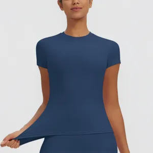 Blue short sleeve yoga top athletic t-shirt for women, quick dry fitness gym running shirt.