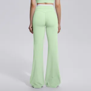 Pantalon de yoga évasé taille haute femme nylon double face bloc de couleur sport