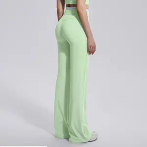 Pantalon de yoga large taille haute avec ceinture contrastée vert clair fitness pantalon