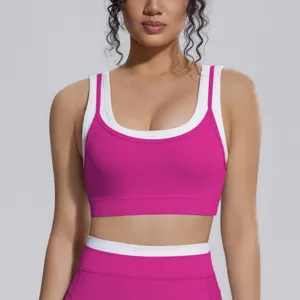 Soutien-gorge de sport faux deux pièces femme, haut de yoga côtelé colorblock fitness