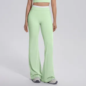 Pantalon de yoga évasé vert pour femme, taille haute, pantalon de sport fitness bootcut contrasté.