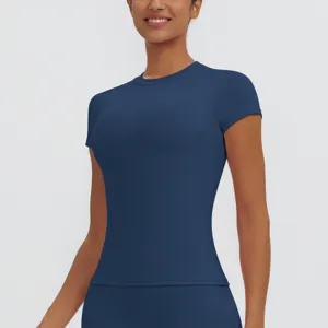 Dark blue slim fit short sleeve sports t-shirt detail view, breathable fitness workout top.