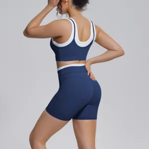 Contrast color yoga set women athletic ribbed sports bra and high waist fitness shorts gym wear