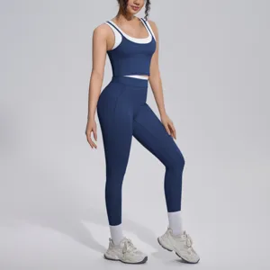 Contrast color ribbed yoga set two-piece activewear breathable fitness running crop top