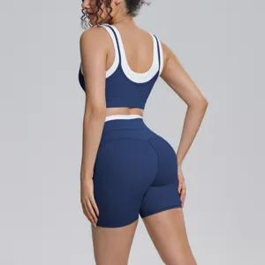 Colorblock nylon yoga set with a stylish beauty-back sports bra and shorts for fitness.
