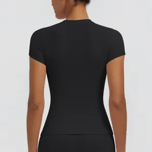 Women's black slim fit short sleeve activewear top for yoga, running, and fitness workouts.