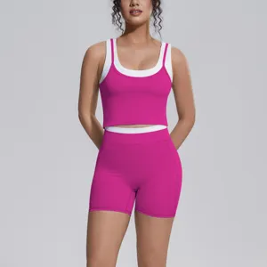 Color-blocking sports tank top and shorts detail view, featuring breathable double-layer design.
